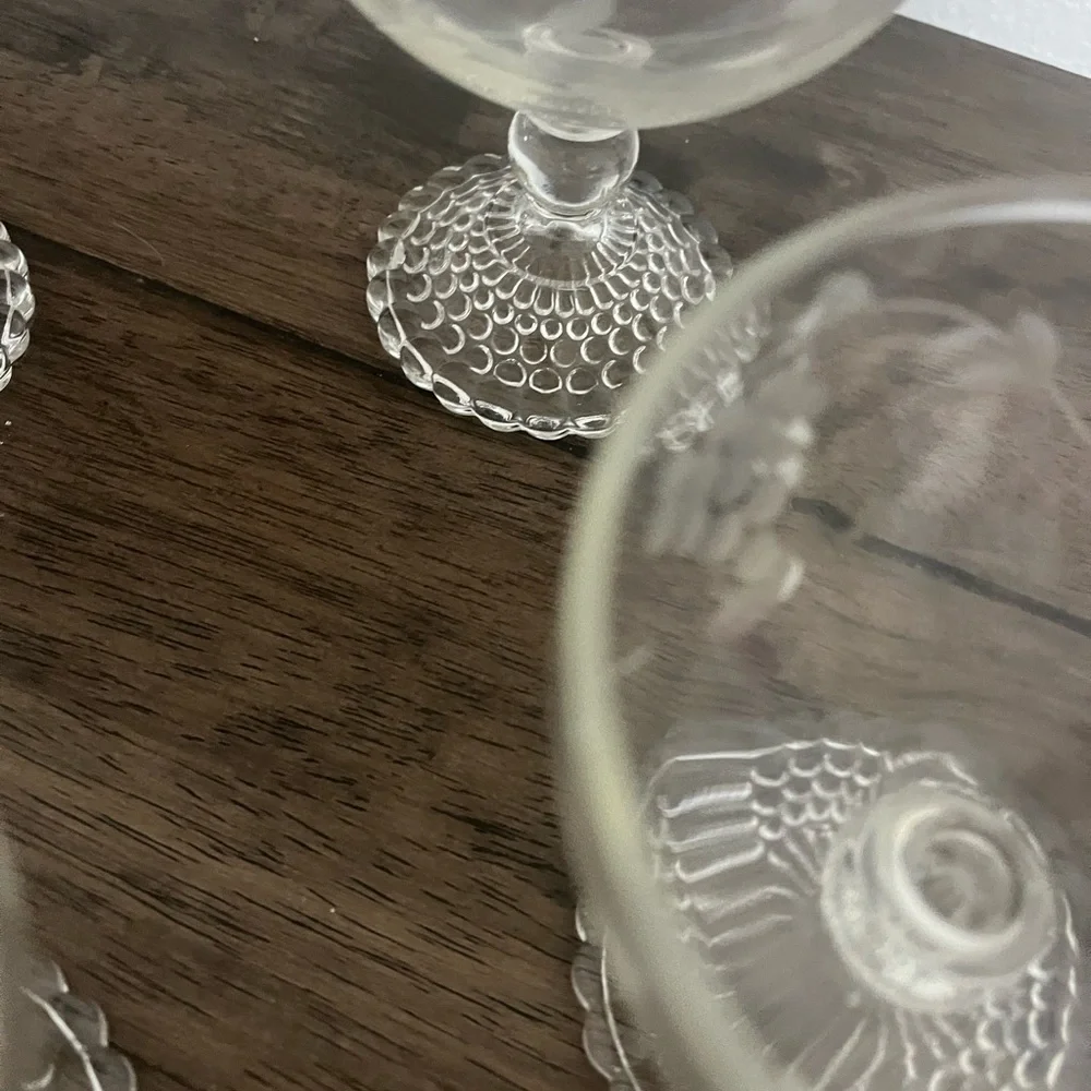ElSet of 6 Vintage Etched Glass Sherbet Dessert Coupes | Hobnail Pedestal Base